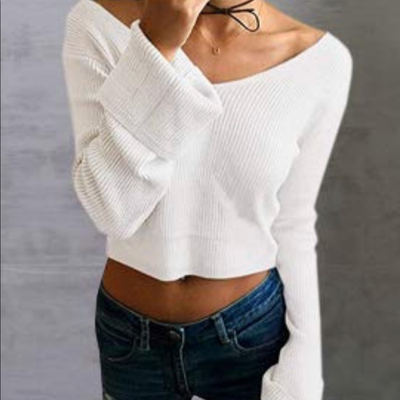 V Neck Long Sleeve Pullover Sweater Crop Top/ - Picture 3 of 7